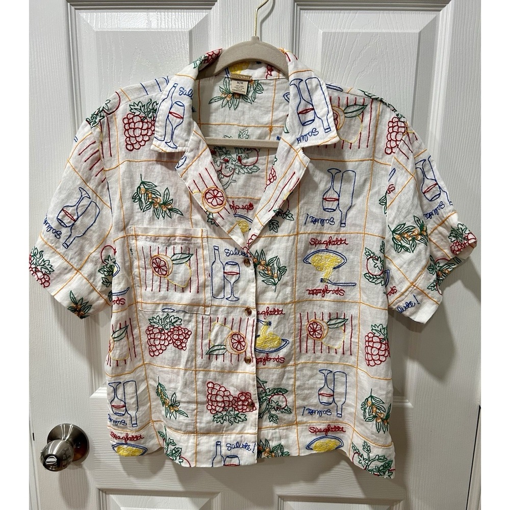 Magaschoni White Short-Sleeve Button-Down with Colorful Fruit & Wine Motifs